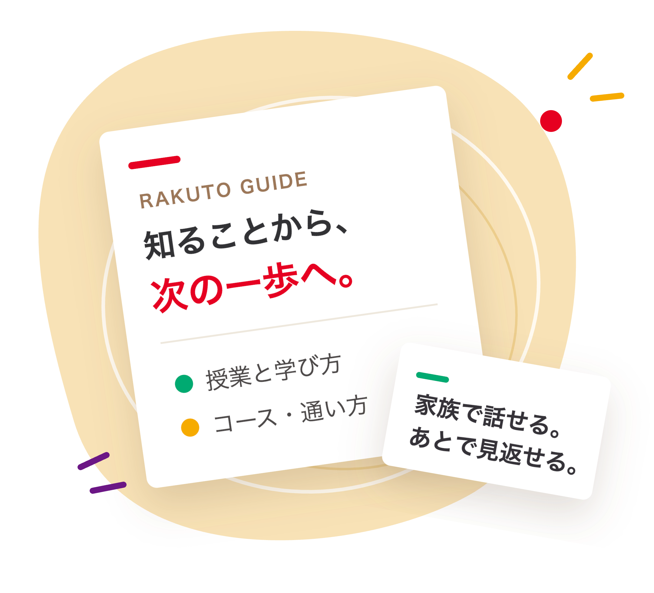 RAKUTOの資料で授業・学び方・コース情報を確かめ、ご家族で見返す様子を描いたオリジナルグラフィック
